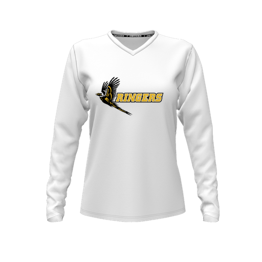 [CUS-DFW-TEES-PER-VNK-LSL-WHT-FYXS-LOGO2] Decker Performance T-Shirt (Female Youth XS, White, V Neck, Logo 2, Long Sleeve)