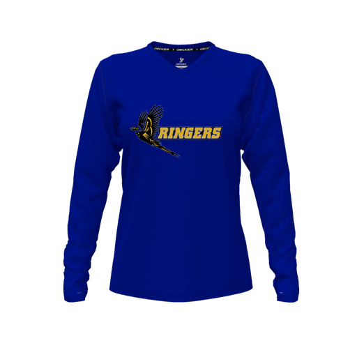 [CUS-DFW-TEES-PER-VNK-LSL-RYL-FYXS-LOGO2] Decker Performance T-Shirt (Female Youth XS, Royal, V Neck, Logo 2, Long Sleeve)