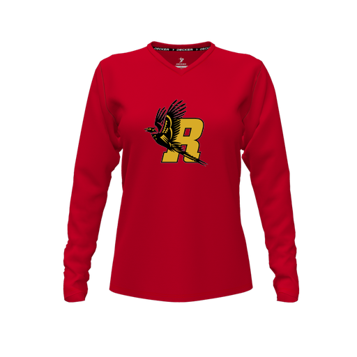 [CUS-DFW-TEES-PER-VNK-LSL-RED-FYXS-LOGO1] Decker Performance T-Shirt (Female Youth XS, Red, V Neck, Logo 1, Long Sleeve)