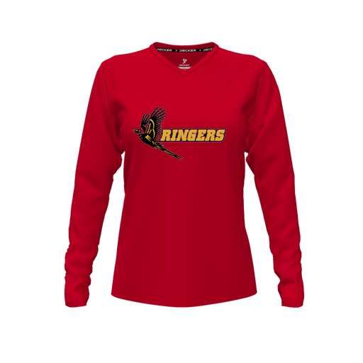 [CUS-DFW-TEES-PER-VNK-LSL-RED-FYXS-LOGO2] Decker Performance T-Shirt (Female Youth XS, Red, V Neck, Logo 2, Long Sleeve)