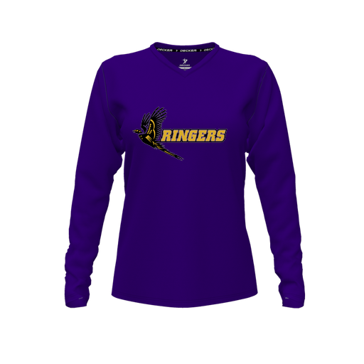 [CUS-DFW-TEES-PER-VNK-LSL-PUR-FYXS-LOGO2] Decker Performance T-Shirt (Female Youth XS, Purple, V Neck, Logo 2, Long Sleeve)
